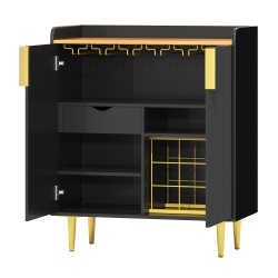 U-HOMY 31.5" Fluted Bar Cabinet - & Gold Modern Wine Rack With Glass Holder & Storage In Black