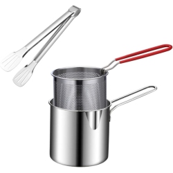 CHSSHA00 1 Set Kitchen Fry Pot Deep Frying Basket \w Tong Food Cooking Pot Mesh Fryer Basket \w Fried Wire Baskets Deepen Milk Pan \w Basket For