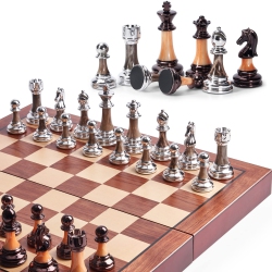 VAMSLOVE Chess Set Large 16"/42Cm Folding Wooden Board With Deluxe Weighted Acrylic Chess Pieces - 3.5" King With Stora