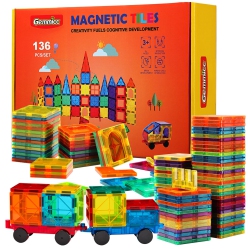 GEMMICC Magnetic Tiles, Deluxe 136 PCs Building Blocks Magnet Toys for Kids, 3D Magnet Puzzles Stacking Blocks for Boys G