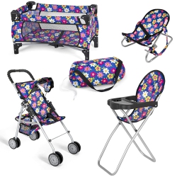FASH N KOLOR 4 Piece Baby Doll Play Set Flower Design Includes - Foldable Pack N Play, Baby Doll Stroller, Baby Doll Hig