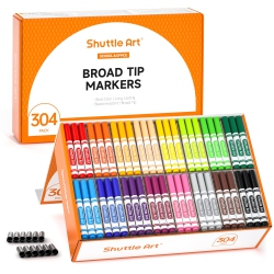 SHUTTLE ART 304 Pack Washable Markers, 16 Assorted Colors Broad Line Conical Tip Large Markers Bulk With A Box, Bonus Ca