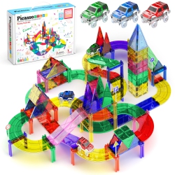 PICASSOTILES 128 Piece Race Car Track Building Block Educational Toy Set Magnetic Tiles Magnet Playset 3 Led Car Stem Le