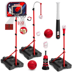 HYES 4 In 1 Kids Basketball Hoop And Tball Set for Toddlers 3-5, Basketball Goal With Scoreboard & Led, Hanging Tee Ball