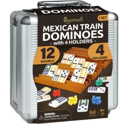 QUEENSELL Mexican Train Dominoes Set With 4 Holders - Dominoes Double 12 With Wooden Hub And Tiles Holders - Double 12 Dominos Set