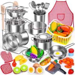 PEAINBOX Kids Pretend Play Kitchen Toys Accessories Set, 32 Items Stainless Steel Toy Pots And Pans Sets W/rack Organizer, Metal