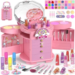 PERRYHOME Kids Makeup Set for Girls, 63 PCs Washable Non-Toxic Real Cosmetic Toddler Makeup Kit, Unicorn Princess Play M