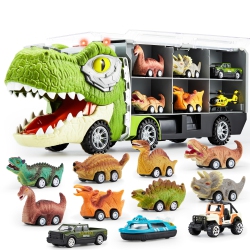 JOYIN 13 In 1 Dinosaur Truck Toys for Kids 3-5, 12 Pull Back Dinosaur Vehicles, Transport Carrier Truck, Music & Roaring
