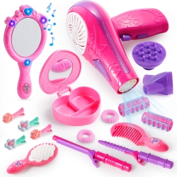 JOYIN 17PCs Girls Beauty Salon Set, Pretend Play Doll Hair Stylist Toy Kit With Hairdryer, Mirror, Curling Iron And Othe