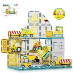 PICASSOTILES Magnet Tile Building Block Set With 8 Construction Vehicles Crank Truck, Excavator, Bullsdozer, Road Roller