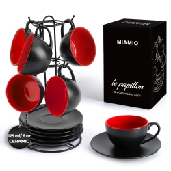 MIAMIO - Set Of 6, Ceramic Stackable Cappuccino Cups Set / 175 Ml Cappuccino Mugs And Saucer + Stand for Coffee Drinks