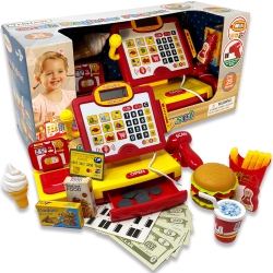 DR. STEM TOYS Talking Cash Register for Kids 3 & Up | Pretend Play Set Comes With Toy Microphone, Working Scanner, Play Money, Fake Cr