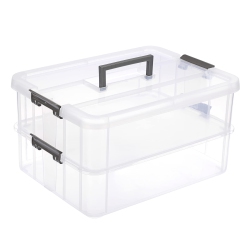 JUXYES 2-Tiers Layer Stack Carry Storage Box With Colored Handle Latching Lid - Transparent Plastic Handled Box, Multipu