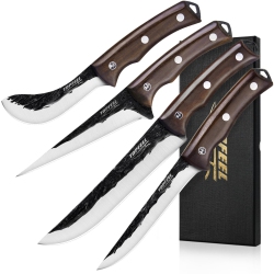 TOPFEEL 4PCs Hand Forged Butcher Knife Set - Slicing Knife, Boning Knife, Dividing Knife, Skinning Butcher Knife, High Carb