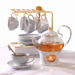 DUJUST Small Tea Set for Adults, Marble Texture & Golden Trim, Handcraft Porcelain Tea Party Set for Kids, 1 Glass In Gray