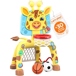 MOVE2PLAY , Giraffe Basketball Hoop & Soccer Goal Activity Center | 30+ Sounds & Lights | 1, 2, 3+ Year Old Birthday Pres