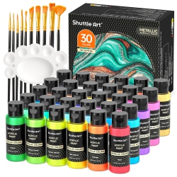SHUTTLE ART 30 Colors Metallic Acrylic Paint, Metallic Acrylic Paint With 10 Brushes And 1 Palette, 60Ml/2OZ, Rich Pigme