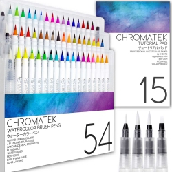 CHROMATEK 54 Watercolor Pens Set | Including 15 Page Pad & Online Video Tutorial Series | 4 Aquapens & 50 Unique Colors