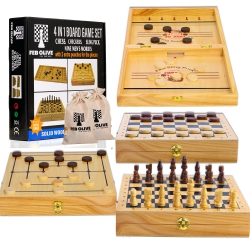 FEB OLIVE 4 In 1 Board Game Set - Extra Large Sling Puck Game Wooden Chess Board Sets, Checkers Board Game for Adults Nine Mens Mo