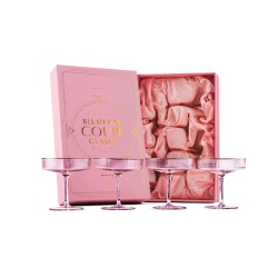 GLASSIQUE CADEAU Vintage Art Deco Blush Coupe Glasses With Gold Rims | Set Of 4 | 7 OZ Crystal Ribbed Cocktail Glassware for Drinkin In Pink