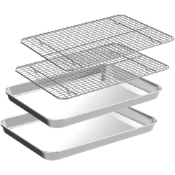 CEKEE Quarter Sheet Pan With Cooling Rack Set [2 Baking Sheets + 2 Baking Racks], Stainless Steel Cookie Sheets for Baki