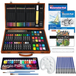 SHUTTLE ART 118 Piece Deluxe Art Set, Art Supplies In Wooden Case, Painting Drawing Art Kit With Acrylic Paint Pencils O