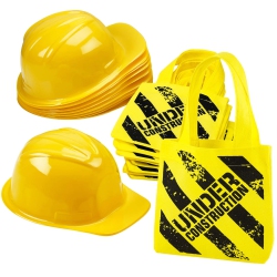 BEDWINA Construction Birthday Party Supplies (24 Pack) Hats & Mini Tote Bags, 12 Toy Hats & 12 Under Construction In Yellow