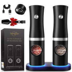 SANGCON Electric Salt And Pepper Grinder Set Of 2, Automatic Salt Pepper Mill Grinder With Rechargeable Base Led Light
