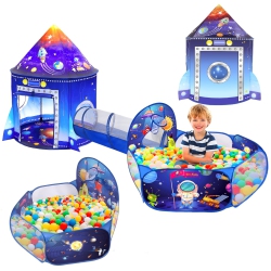 WILLINGHEART 3 In 1 Rocket Ship Play Tent With Ball Pit Tunnel for Kid Astronaut Space 3PC Playhouse Indoor Outdoor Foldable Pop Up T