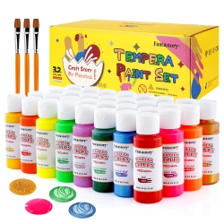 FANTASTORY Tempera Paint Set - 32 Colors (2 OZ/60Ml Each) Washable Kids Poster Paint for Sponge Painting, Non-Toxic Fing