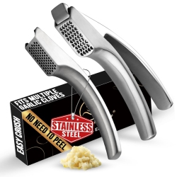 GOURMET EASY No Peeling Required Garlic Press Stainless Steel With Two Detachable Handles for Coarse & Fine Mincing - Premium Garlic