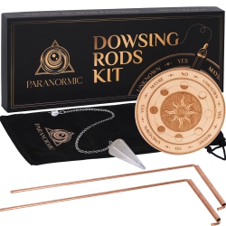 PARANORMIC Dowsing Rods & Pendulum Divination Kit - Set Of 2 Real Copper L Rods, Quartz Pendulum, & Wooden Answer Board