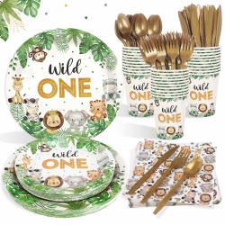 HEBOLAND 175 PCs Wild One Birthday Decorations Plates Set 25 Guests, Safari Jungle Baby Shower Theme Paper Plates Napkins Cups Cu
