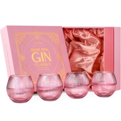 GLASSIQUE CADEAU Vintage Blush Art Deco Gin And Tonic Glasses With Gold Rims | Set Of 4 | 13.5 OZ Stemless Crystal Balloons for Drin In Pink