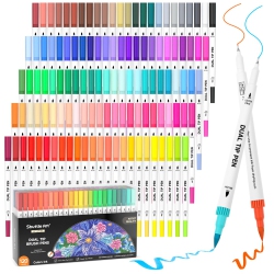 SHUTTLE ART 120 Colors Dual Tip Brush Art Marker Pens With 1 Coloring Book, Fineliner And Brush Dual Tip Markers Set Per