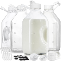 SYNTIC 4 Pack Glass Water Bottles for Fridge, Half Gallon Milk Jugs With Airtight Lids, 64 OZ Water Bottles, Juice Jugs