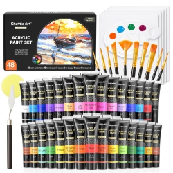 SHUTTLE ART 48 Pack Acrylic Paint Set, 30 Colors Acrylic Paint (36Ml) With 10 Brushes 5 Canvas 1 Paint Knife 1 Palette 1