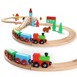 SAINSMART JR. Wooden Train Set Toy With Double-Side Train Tracks, 4 Magnetic Train Cars And Wooden Bridge Railway Set Fo