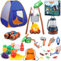 MITCIEN Kids Camping Set - Camping Gear Toys for Boys - Include Campfire/oil Lamp/pretend Food - Camping Set for Child A