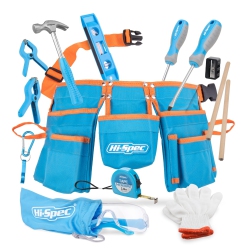 HI-SPEC 16 Piece Kids Tool Kit Set & Child Size Tool Belt. Real Metal Hand Tools for Young Ages to Start Diy Buildi In Blue