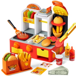 LALALARK Play Kitchen Toddler Toy - 40+ PCs Fast Food Station With Potato Cutter, Simulated Frying Effect & Lights, Order & Drink
