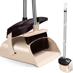 MOSUCH Broom And Dustpan Set Extendable Long Handle Brooms Upright Standing Dustpans Lightweight Stainless Self-Clean Soft Broom Combo for Home