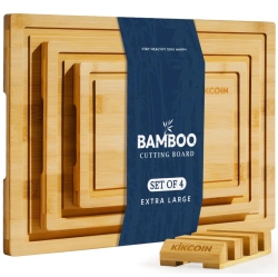 BOLDDECO 4-Piece Oversized Bamboo Cutting Board Set With Rack – Knife Friendly, Juice Grooves, Invisible Handles, Multifunctional Kitchen Boards