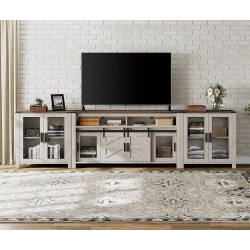 WAMPAT Living Room Set Of Tv Stand And Sideboard for 100 Inch, Door Storage Cabinet \w Mesh, Farmhouse Storage Units \w Open And Adjustable Shelf, Dark