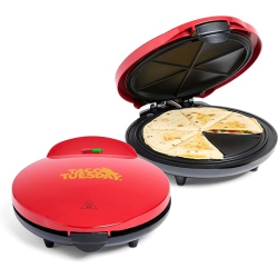 TACO TUESDAY Deluxe 10-Inch 6-Wedge Electric Quesadilla Maker With Extra Stuffing Latch In Red