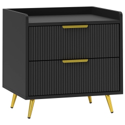 HOMCOM Bedside Table, Modern Nightstand With 2 Fluted Drawers, Side End Table With Gold Metal Legs for Bedroom In Black