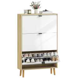 HOMCOM Narrow Shoe Cabinet, Modern High Gloss Shoe Storage Cabinet \w 3 Flip Drawers, Adjustable Shelves And Wood Legs for Entryway, Hallway, Holds