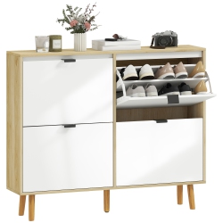 HOMCOM Narrow Shoe Cabinet, Modern High Gloss Shoe Storage Cabinet \w 4 Flip Drawers, Adjustable Shelves And Wood Legs for Entryway, Hallway, Holds