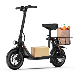 5TH WHEEL Foldable Commuter E-Scooter W/ Seat & Basket - 20 Mile Range, 500W Motor, 12" Air Tires, 15.5 Mph, Led Light - for Adults & Teens