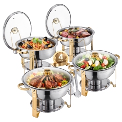 VEVOR 5 Qt 4 Pack Chafing Dish Buffet Set, Stainless Steel Chafer \w 4 Full Size Pan, Round Catering Warmer Server \w Glass Lid Water Pan Folding